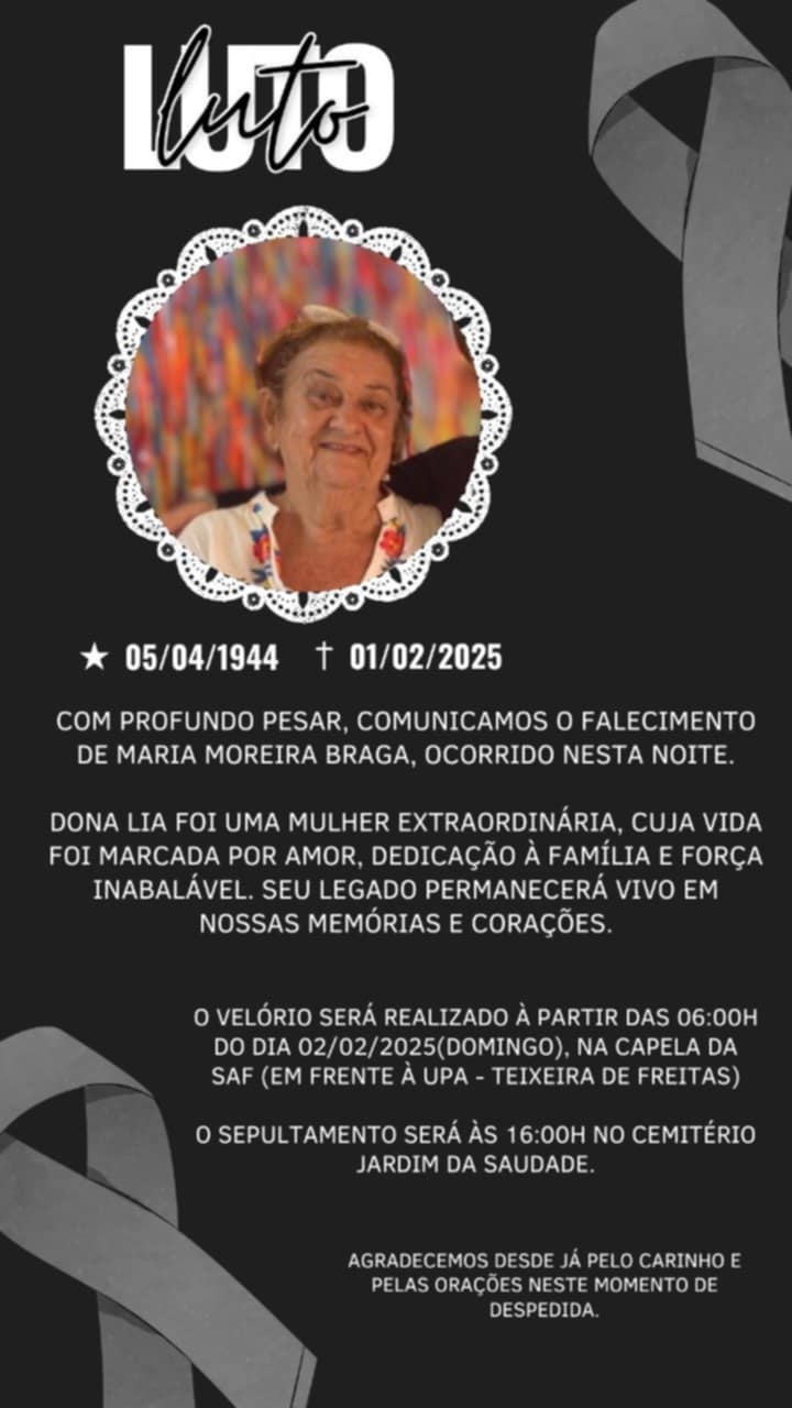 Luto: Morre, Dona Lia, esposa do saudoso “Lintão” e mãe de “Peu Braga, Alex Braga, Gildo Braga, Arlindo Braga e Tarcísio Braga”