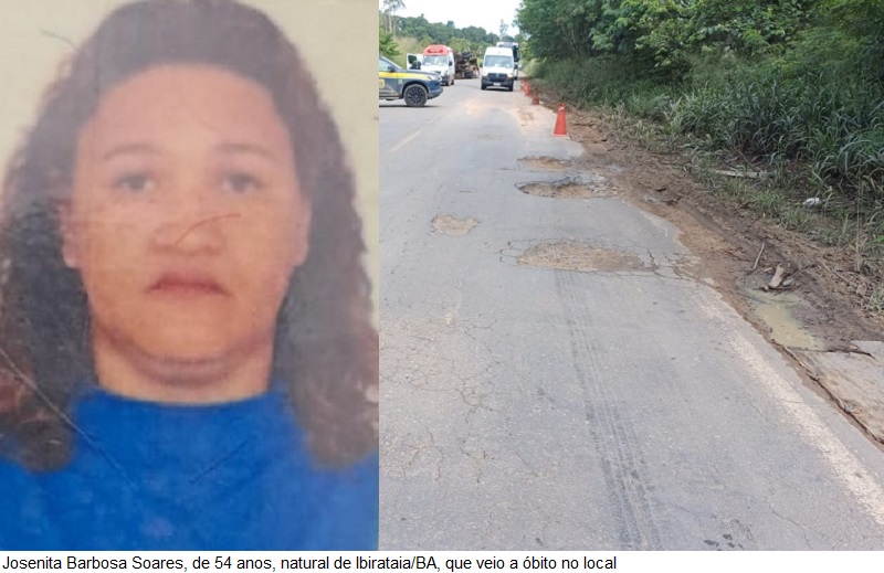 Mulher morre e dois ficam feridos em grave acidente ocorrido na  BR-101, entre Posto da Mata e Itabatã; buraco na pista provocou a tragédia